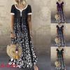 Fashion Women Loose Contrast Print Short Sleeves V-Neck Casual Long Dress