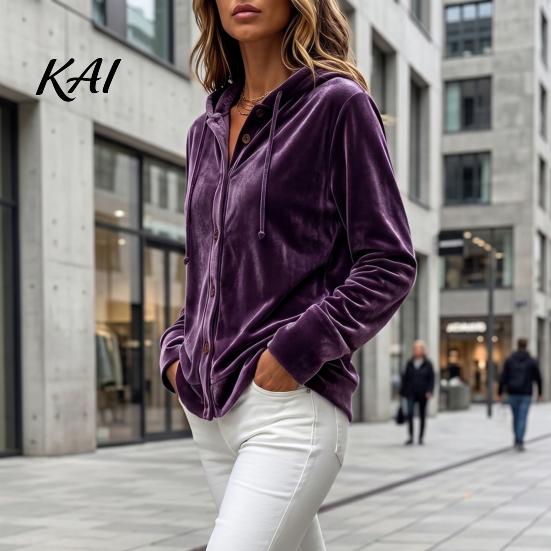 Long Sleeve Warm Top Women Button Front Velvet Hoodie, Hooded Jacket, Comfortable Hoodie Loose Fit Casual Drawstring Coat for Autumn Winter Relaxed