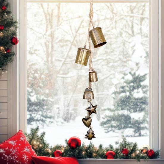 Rustic Christmas Bells Metal Tibetan Inspired Bells Decorative Cow Bells with 4 Bells On Hanging Rope for Home Door Mantel Decor