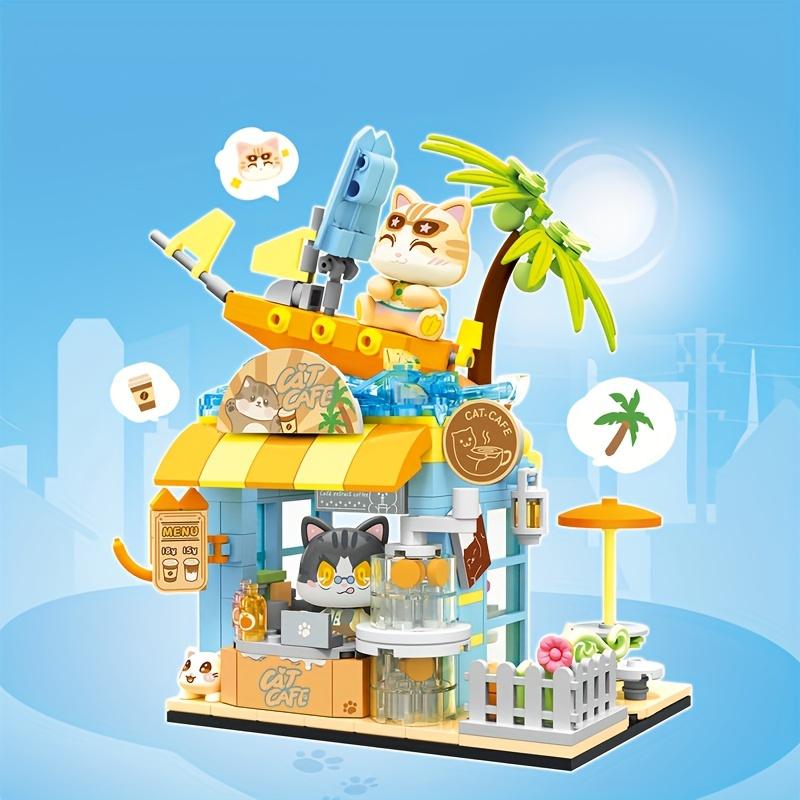 Набор строительных блоков с изображением кошек, кофейней, пекарней и магазином игрушек, вид на город и улицу, идеальный для декора дома и подарков