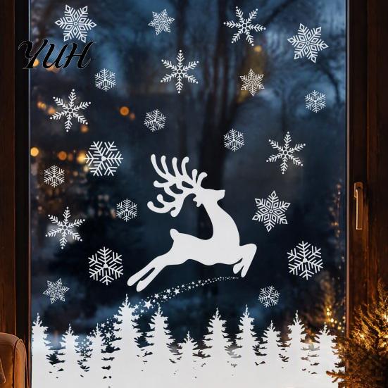 Creative Winter Gifts White Elk Christmas Window Clings, Snowy Xmas Tree Windows Stickers, Decorative Forest Scene Stickers Trees Decorations