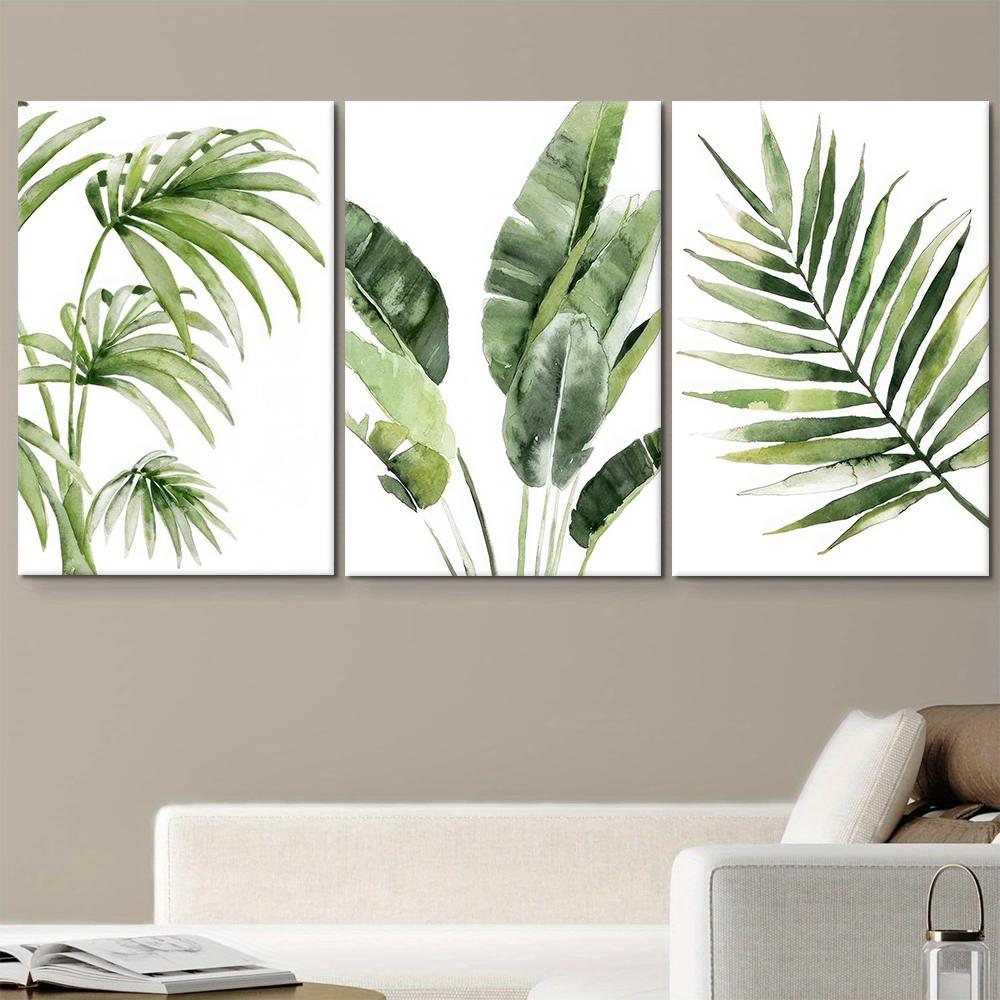 3 modern minimalist green plant canvas decorative paintings, tropical style green plant leaf art paintings, Nordic style wall de
