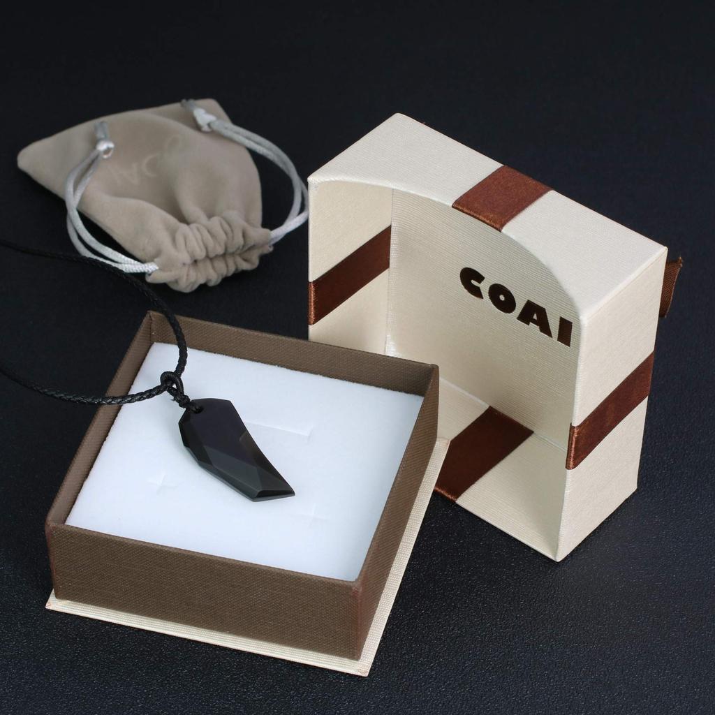 Obsidian Wolf Fang Amulet Good Luck Pendant Necklace Leather Chain [Coai] Men's