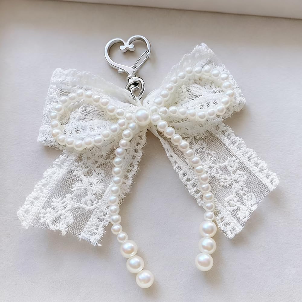 Imitation Pearls Lace Bowknot Keychain Sweet Beaded Pendant Keyring for Women Handbag and Backpack Key Chain Exquisite Ornament