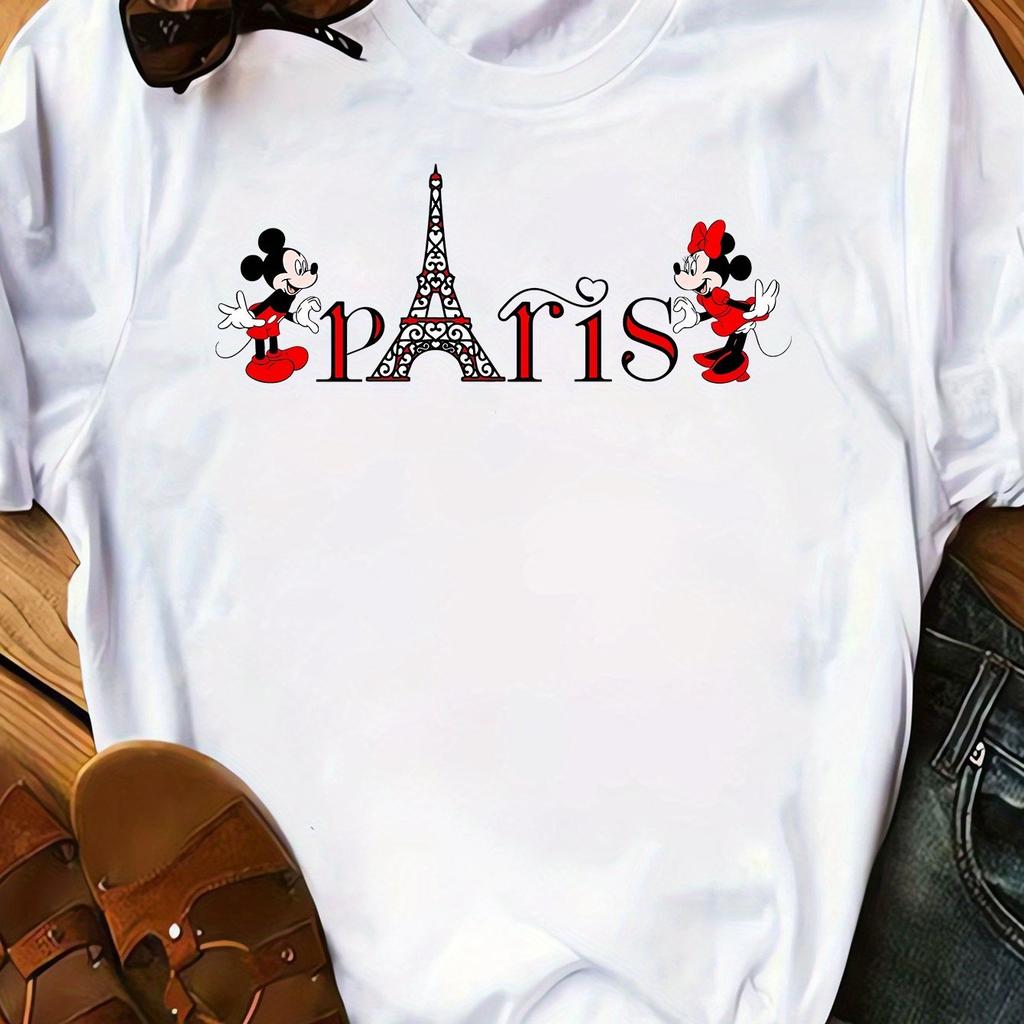 Mouse and Paris Eiffel Tower Womens Tshirt Four Seasons Unisexs and Womens Pure Cotton Casual Fashion Clothing