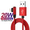 Угловой игровой USB-кабель для быстрой зарядки iPhone 13 14 Pro 11 12 mini XS Max XR X 7 8 Plus, USB-кабель для зарядки с изгибом 90 градусов