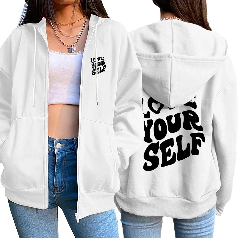 LOVE YOU SELF Женское пальто с принтом Лидер продаж Модные свободные топы на молнии Спортивная толстовка с капюшоном Повседневная уличная женская кардиганная одежда