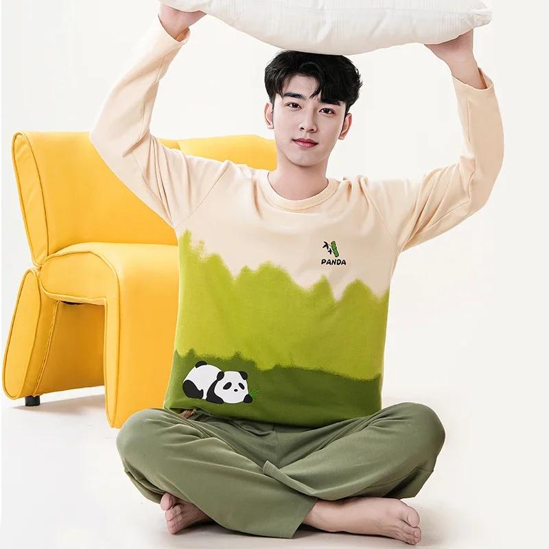 Милый пижамный комплект с рисунком панды для мужчин, хлопковый осенний комплект с длинными рукавами и круглым вырезом, ночная рубашка для осени и весны, домашняя одежда для мужчин