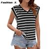 Новые летние свободные футболки с v-образным вырезом в полоску и короткими рукавами для женщин