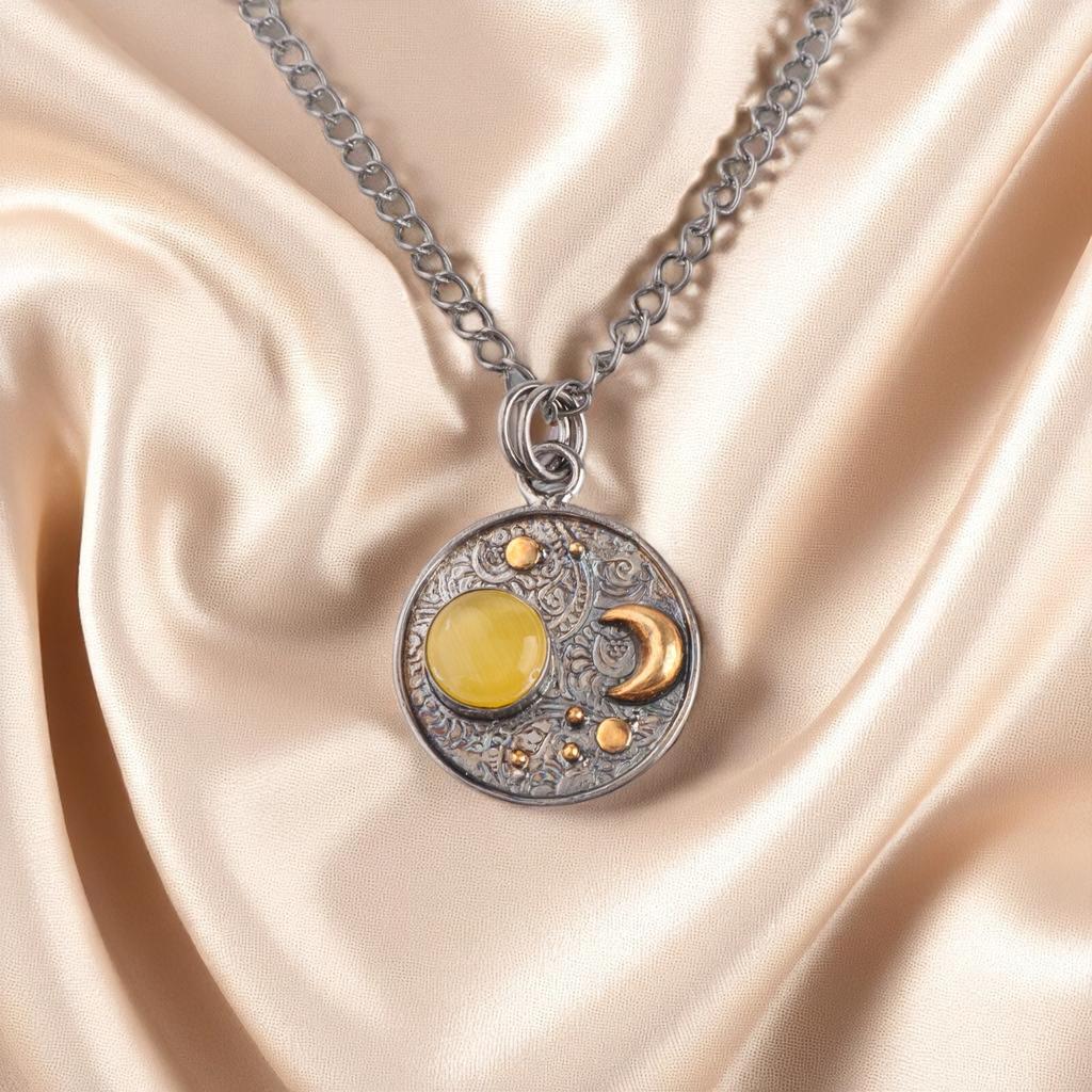Yellow Cat's Eye Gemstone 925 Sterling Silver Jewelry Handcrafted Pendant 1.30" PP-33-43