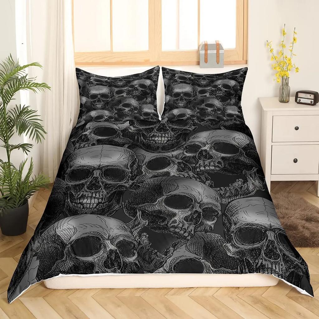 Skull Duvet Cover Golden Crown Bedding Set,3D Printed Halloween Skull With Two Beauty Quilt Cover Set,Crown Comforter Cover