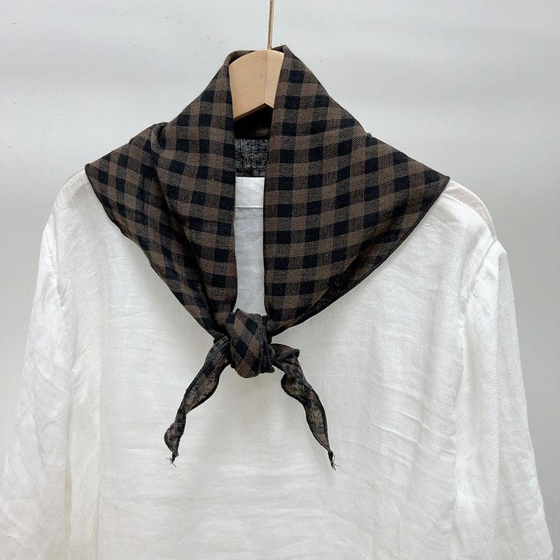 Japanese Retro Double-sided Brown Checkered Cotton Scarf Versatile Autumn and Winter Shawl Women's Triangle Scarves