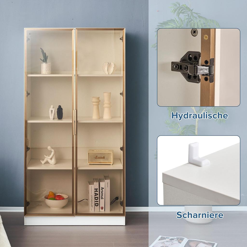 Стеклянная витрина со светодиодной подсветкой, Белая, двухсекционная, с регулируемыми полками, 2 ящика, Современный книжный шкаф, отдельностоящая витрина, офисный шкаф