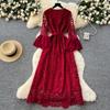 France Vintage Hollow Out Evening Dress Women Sashes V-Neck Flare Sleeve Crochet Elegant Dress Female Casual Chic Clothing