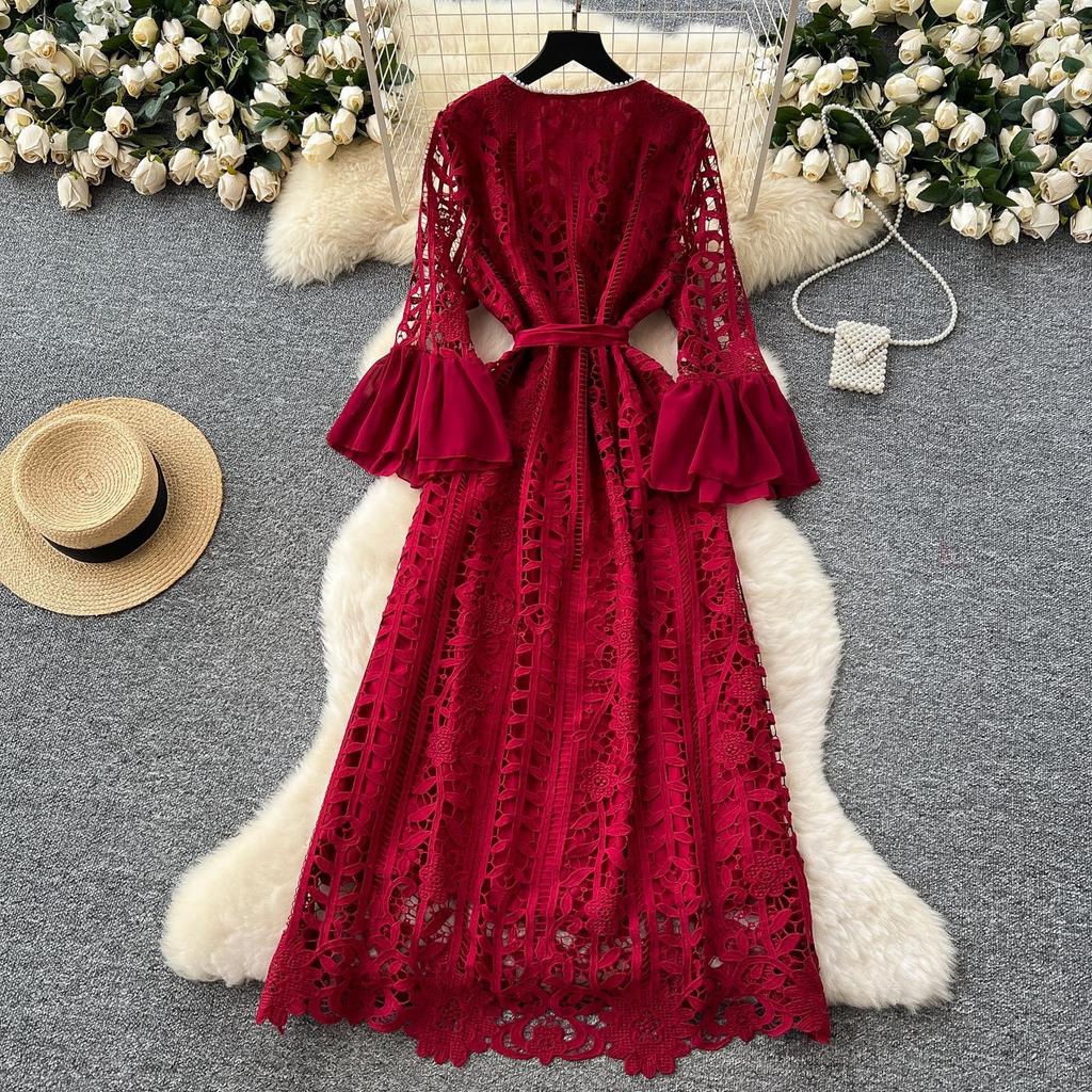 France Vintage Hollow Out Evening Dress Women Sashes V-Neck Flare Sleeve Crochet Elegant Dress Female Casual Chic Clothing