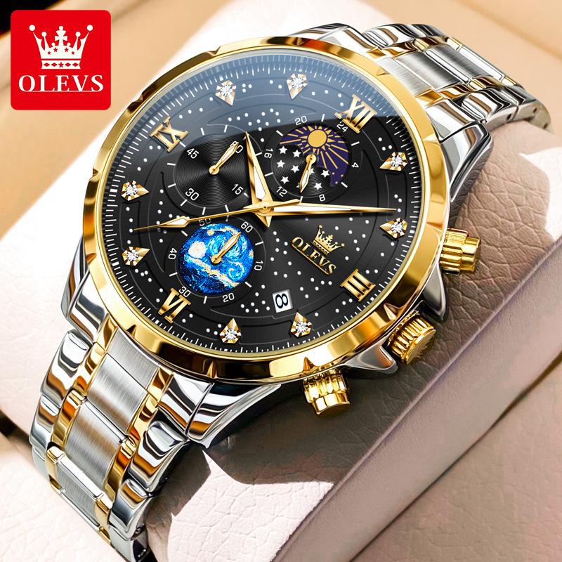 Men's Quartz Multifunctional Chronograph Watch Stainless Steel Waterproof Luminous Diamond Studded Starry Sky Watch