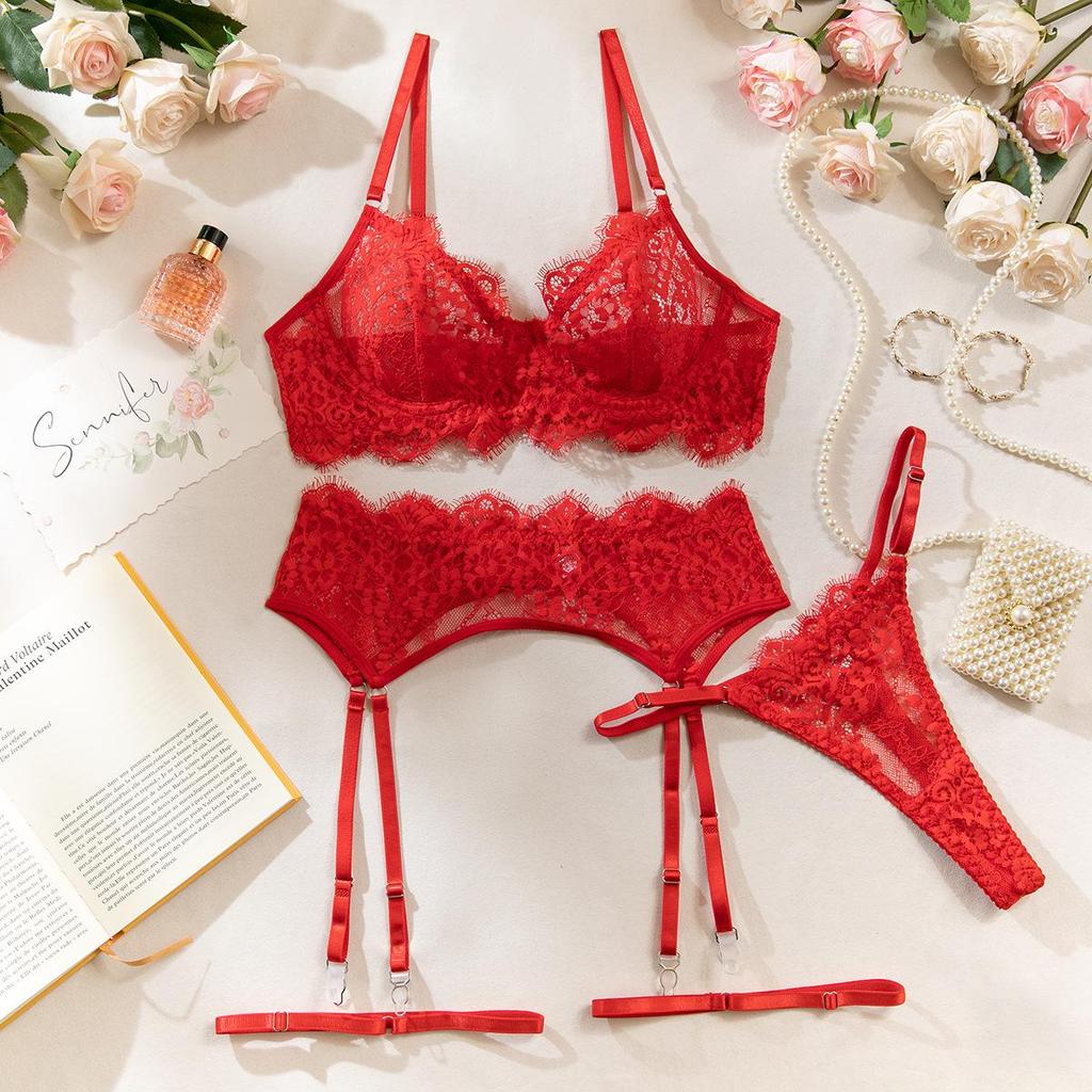 Valentine's Day Red Lace Temptation Lingerie Set (4-Piece)
