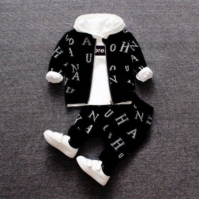 Fashionable Boy's Zipper Three-piece Set For Toddlers And Babies With Full-print Letters, Hooded Long-sleeved Sweatshirt Suit