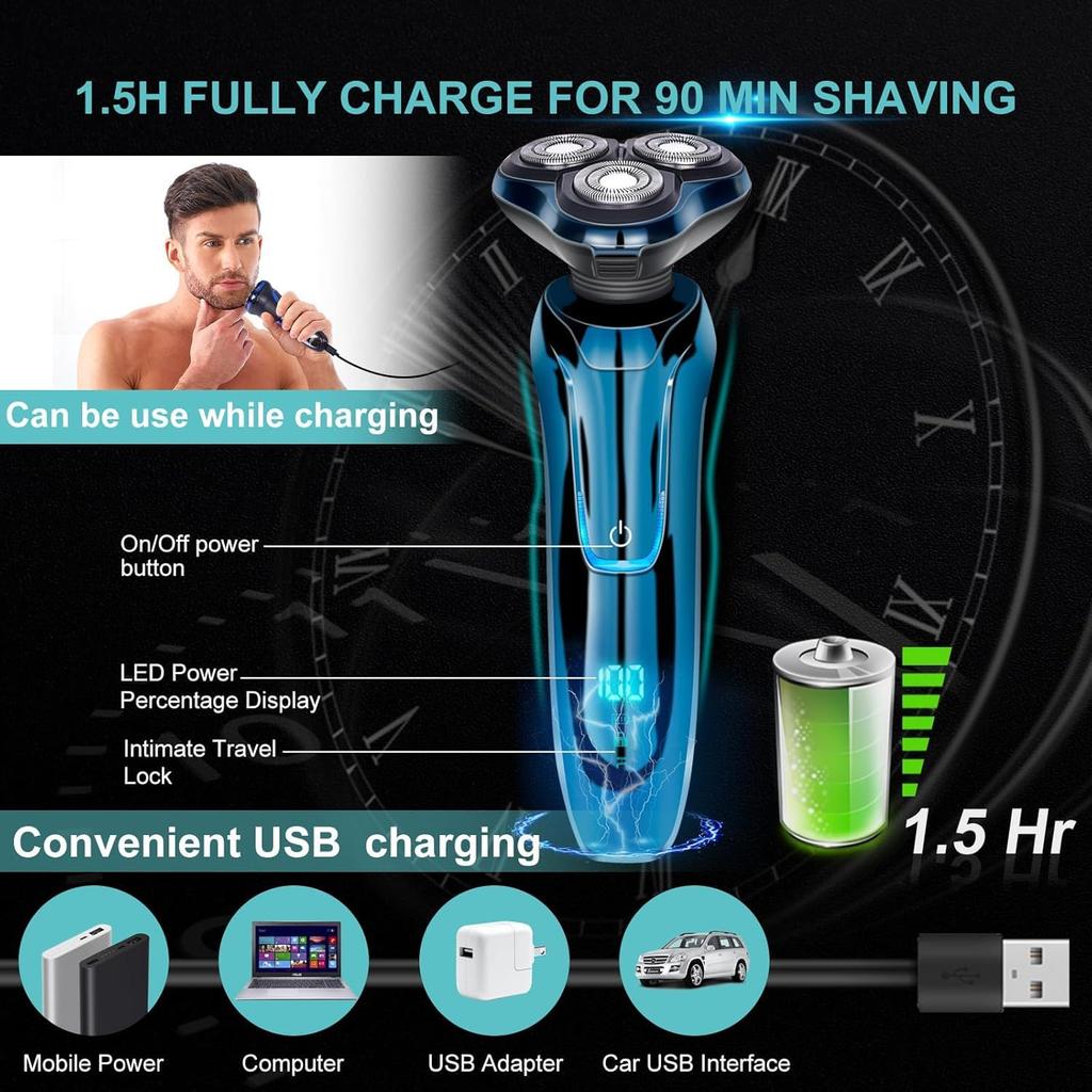 Electric Rotary Close and Fast IPX7 Wet and Dry Fully LED Battery Level Safety Care USB Rechargeable Men's Shaver, 3-Blade Shaver, Shaving,