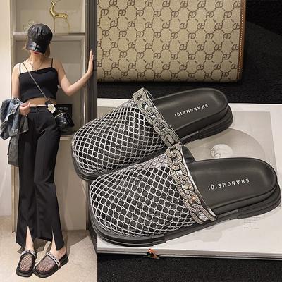 Летние модные новые тапочки Baotou со стразами, квадратная головка, большие сетчатые дышащие плоские сандалии, ленивые нескользящие полутапочки