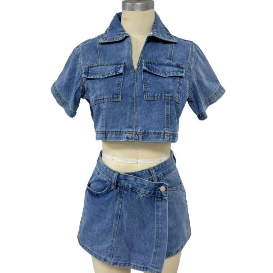 Комплект из 2 предметов из денима для женщин: укороченный топ с короткими рукавами, V-образным вырезом, джинсовая юбка с высокой талией, шорты, летний уличный костюм