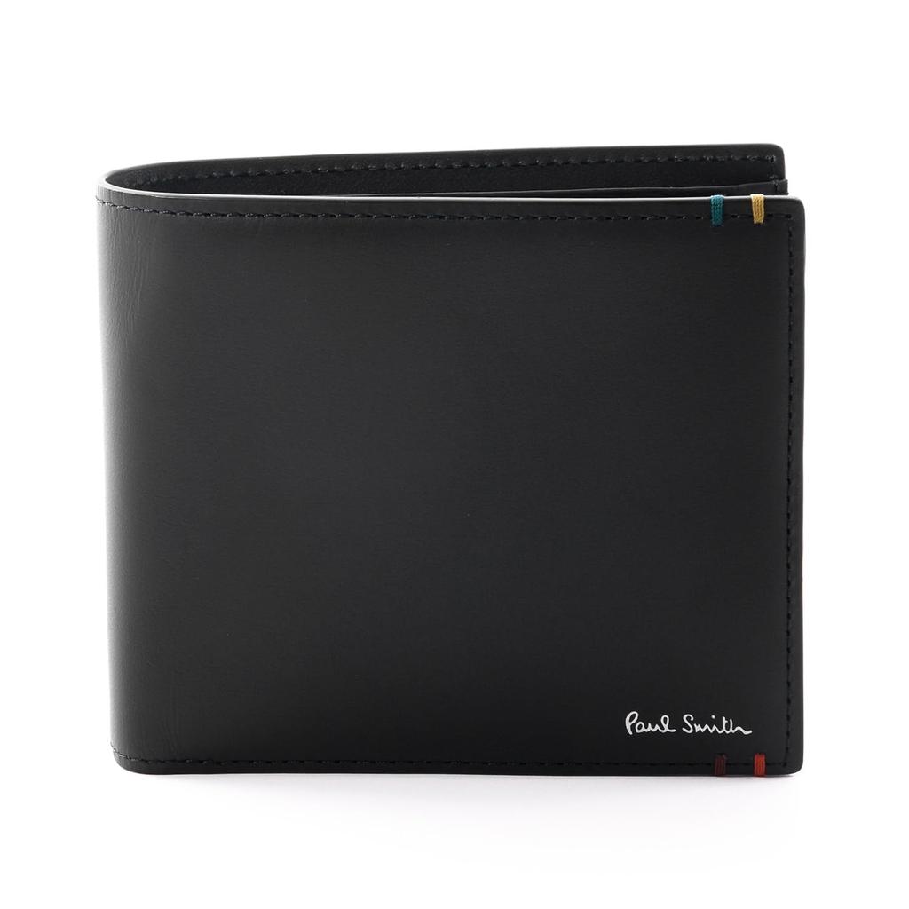Paul Smith Highlight Stitch SS24 Bifold Wallet with Coin No Name 813006 P854 Wrapping Purse, Black, Engraving, (Gift Available)