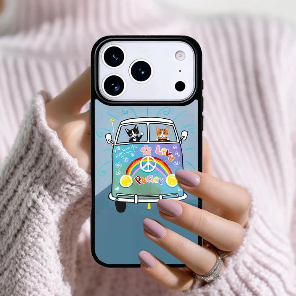 Hippy Peace Bus Cat soft Phone Case For Apple iPhone 17 Air 16E 15 14 Plus 13 12 11 Pro Max Mini Funda Cover
