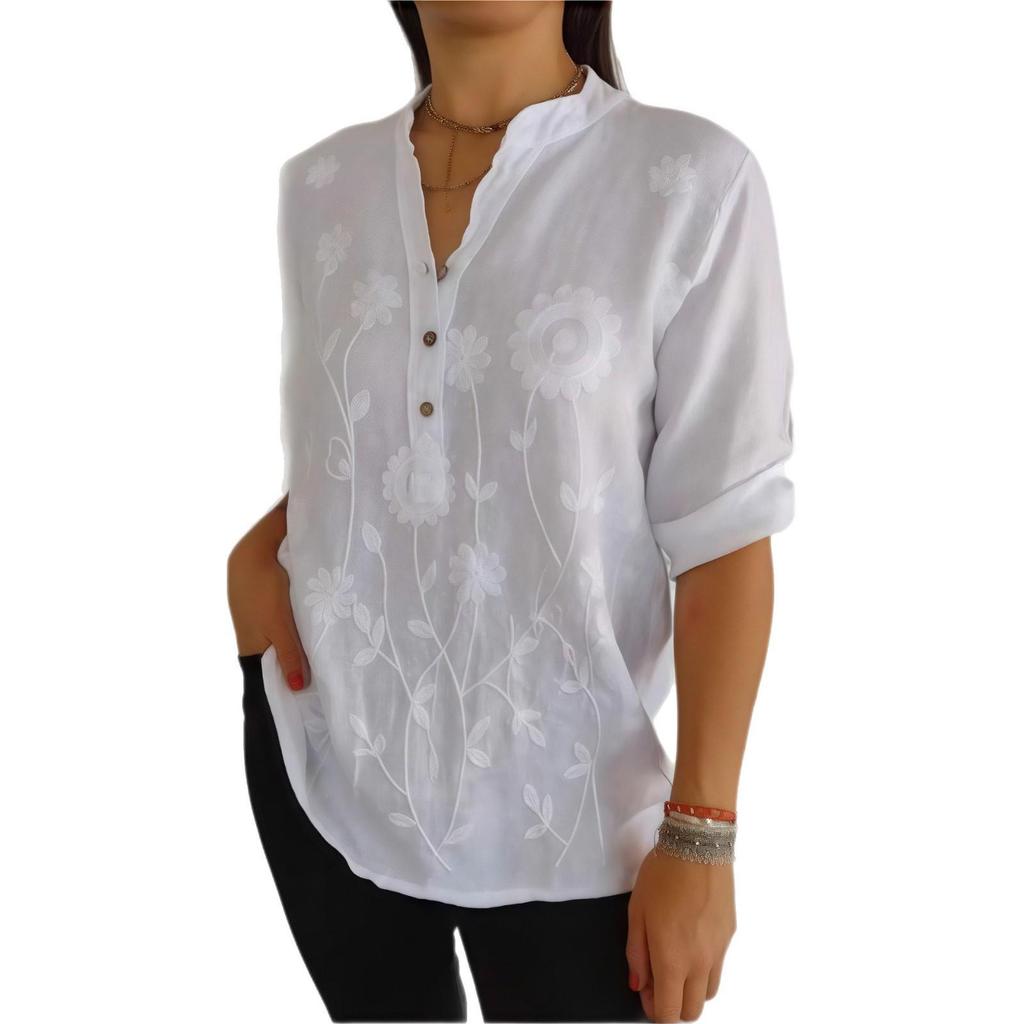 2025 Spring/Summer Women's Lace Embroidery Button V-Neck Shirt