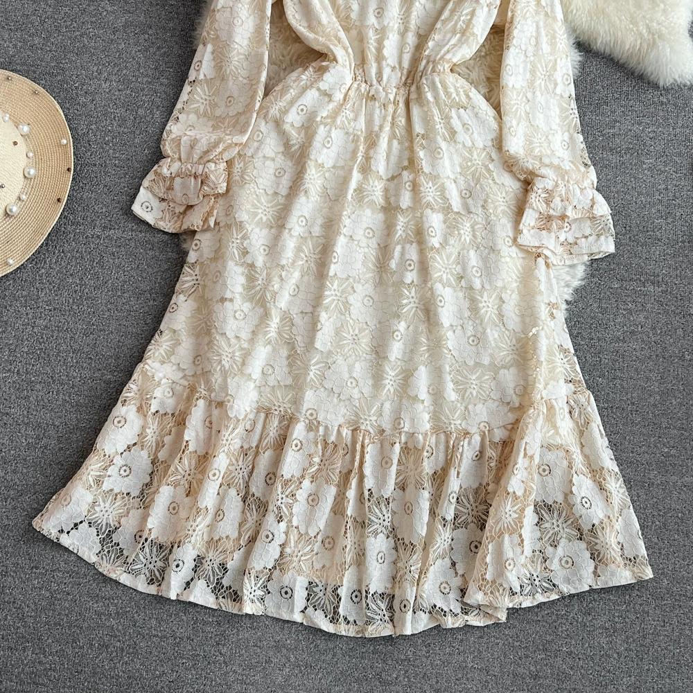 Весенне-осенние женские винтажные повседневные платья с воротником-стойкой бежевого цвета с длинными рукавами