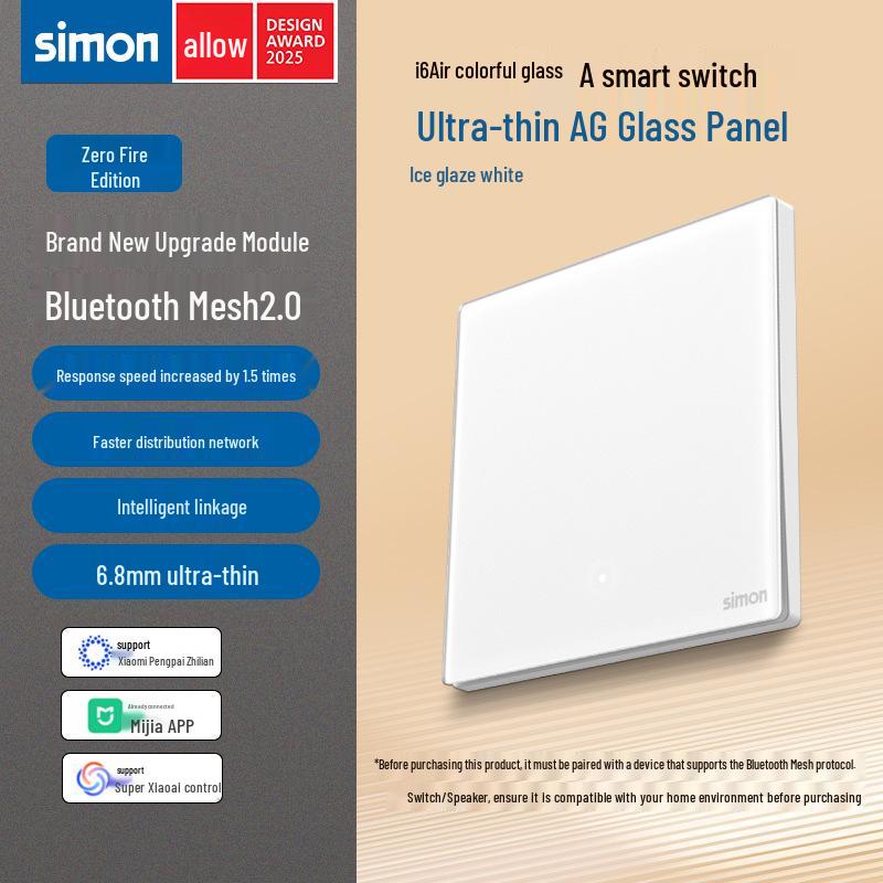 Умный выключатель Simon Smart Switch i6air с панелью из закаленного стекла, совместимый с приложением Mijia через Bluetooth Mesh 2.0.
