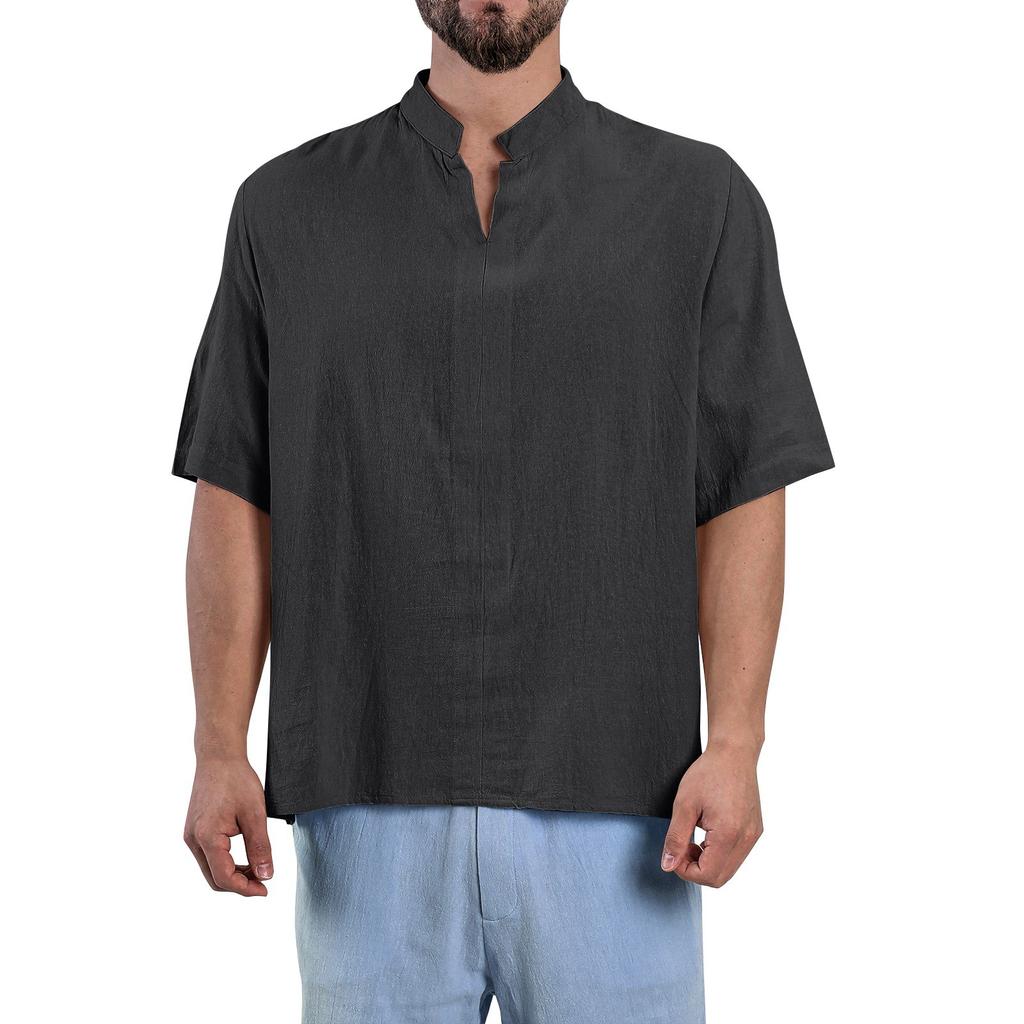 Мужские летние однотонные топы из хлопка и льна с V-образным вырезом и рукавами-пять точек, повседневные модные топы для мужчин