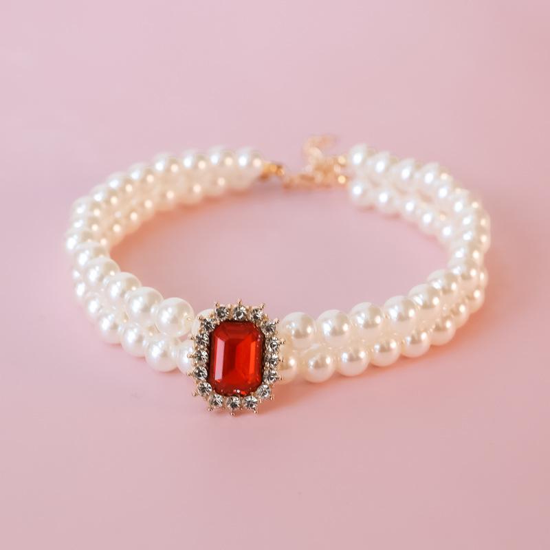 Pet Collar Cat Dog Pearl Necklace Double Stacked Premium Protein Gem Set with Rhinestones