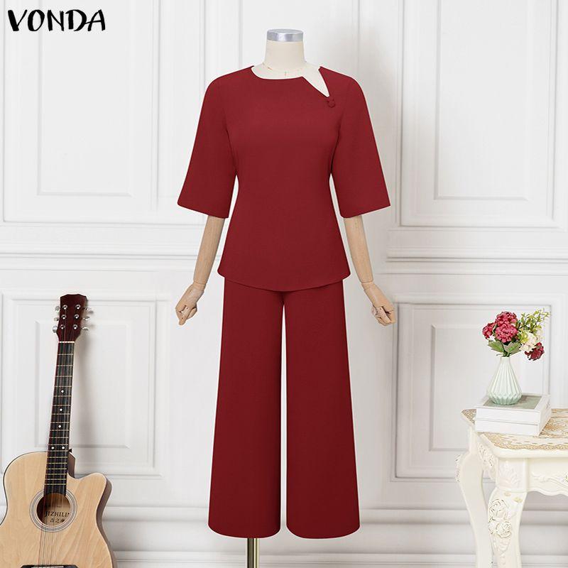 VONDA 2 шт. Женский костюм-двойка с блузкой с 3/4 рукавом и брюками, повседневный элегантный