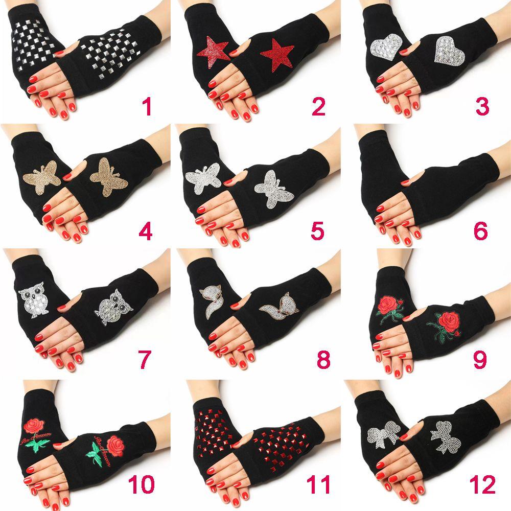 Rhinestone Wool Knitted Half Finger Computer Mittens Warm Gloves Fingerless Gloves