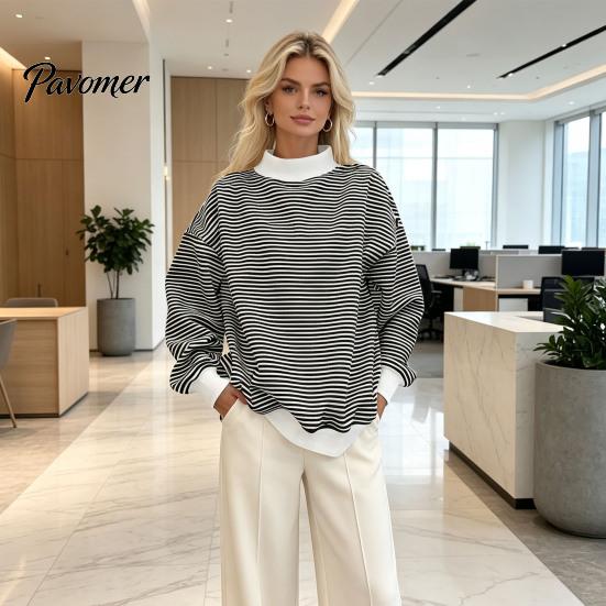 Sporty Workout Tops Women Mock Neck Striped Sweatshirt, Oversized Long Sleeve Pullover Top for Fall, Casual Half Turtleneck Shirt with Ribbed Cuffs