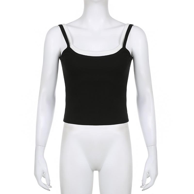 Contrast Fake Two-piece Crop Top Casual Patchwork Sleeveless Fashion Camis Vintage Y2k Women Summer Tees Ladies Mini Vest