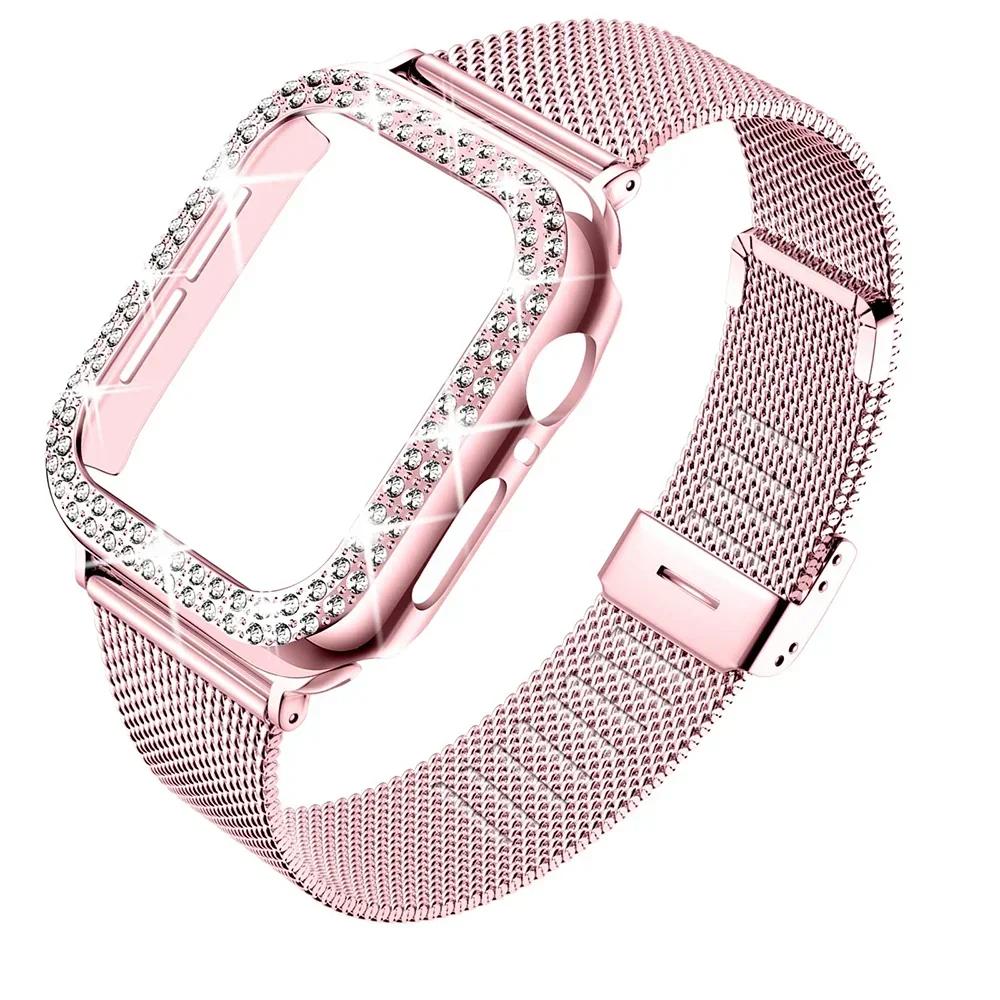 Алмазный Чехол+Металлический Ремешок Для iWatch Ultra 2 Ремешок 49мм 41мм 40мм Браслет из Нержавеющей Стали Для Apple Watch 9 8 7 45мм 44мм 42мм