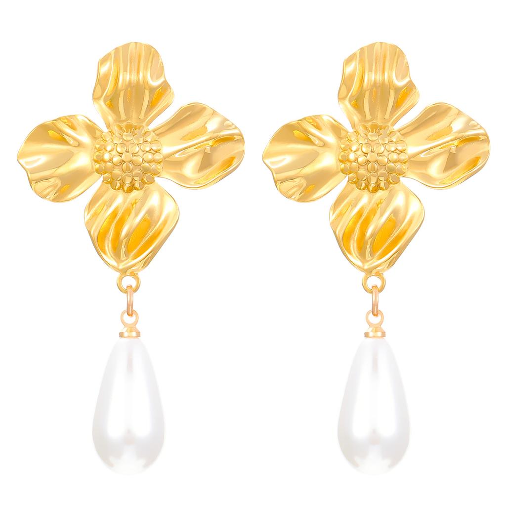 High-end Metal Flower Cold Wind Pearl Pendant Earrings Women's Niche Design Temperament Stud Earrings Wholesale