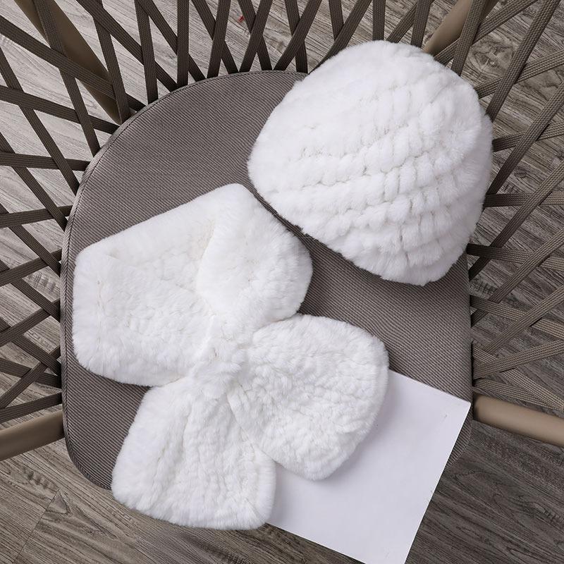 Soft Rabbit Fur Hat for Women Knitted Thick Warm Beanie Scarf Set