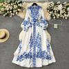 New Fashion Runway Red And White Porcelain Dress Women's Stand Long Lantern Sleeve Blue Floral Print Shirt Robe Dresses