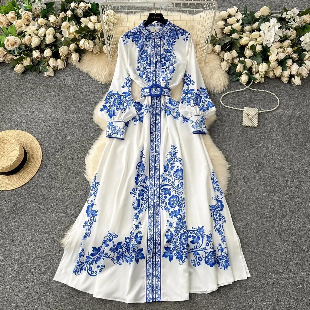 New Fashion Runway Red And White Porcelain Dress Women's Stand Long Lantern Sleeve Blue Floral Print Shirt Robe Dresses