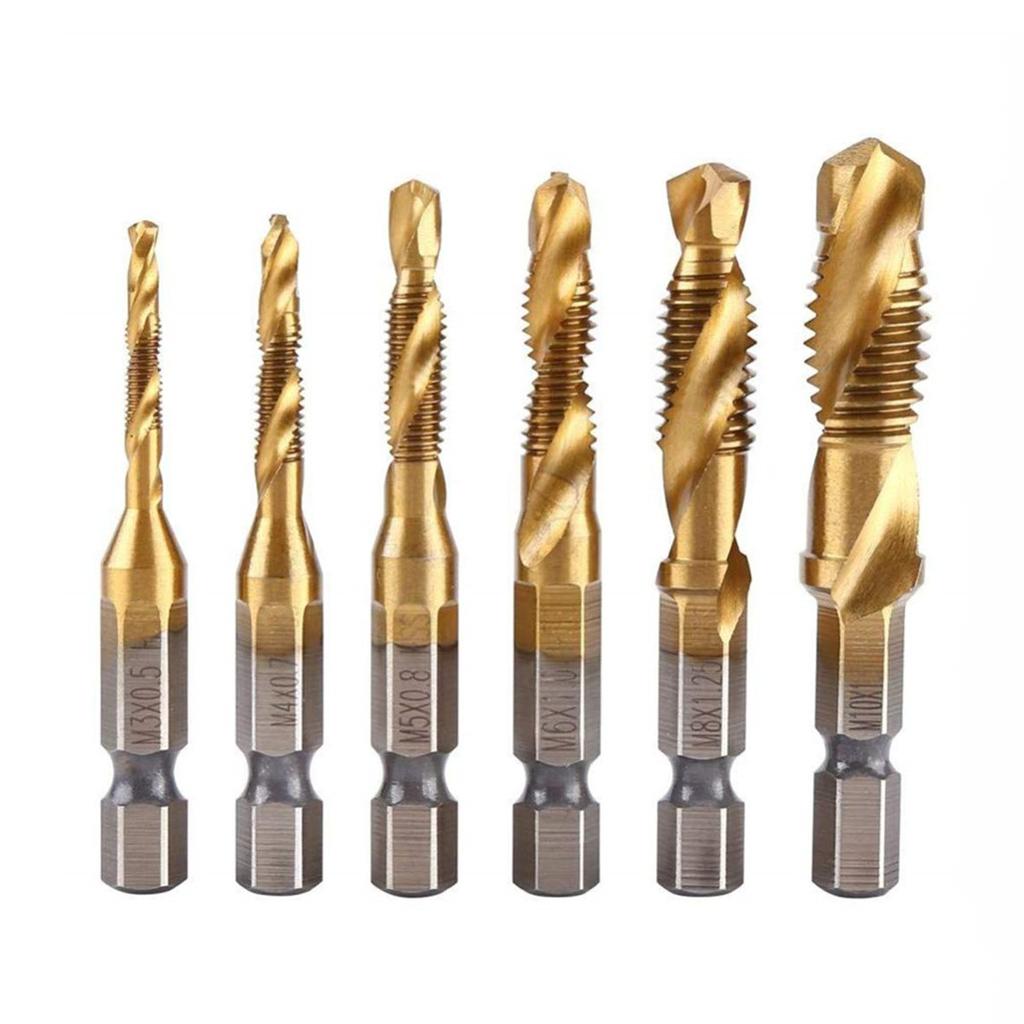 Combination Drill Tap Bit Set,6 PCS 1/4 "Hex Shank HSS Titanium Coated Spiral Tap Drill Bit Include M3 M4 M5 M6 M8 M10 Screw Tap