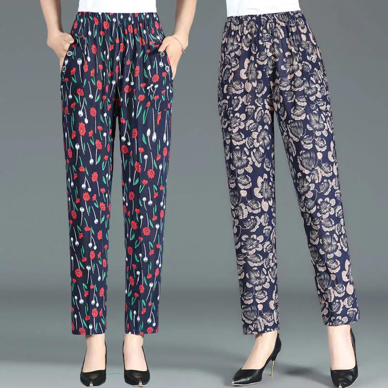 WTEMPO Большой размер, свободные повседневные брюки с высокой эластичной резинкой на талии и карманами, женские тонкие широкие брюки из ледяного шелка с принтом