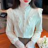 Fashion New 2024 Winter Long Sleeve Stand Collar Ruffles Apricot Velvet Lace Blouse Shirt Women Tops Blouses Shirts J790