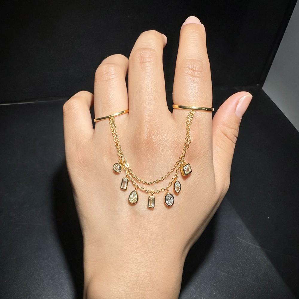 Geometric Round Square Oval Bezel CZ Chain Tassel Chain Double Finger Ring Gold Plated Fashion Women Finger Jewelry
