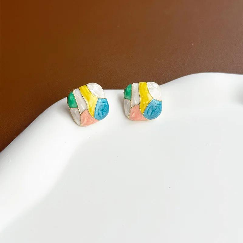 Розово-голубые женские серьги-гвоздики с сетчатой эмалью, цветные квадратные геометрические женские модные украшения для ушей в стиле бохо Brincos