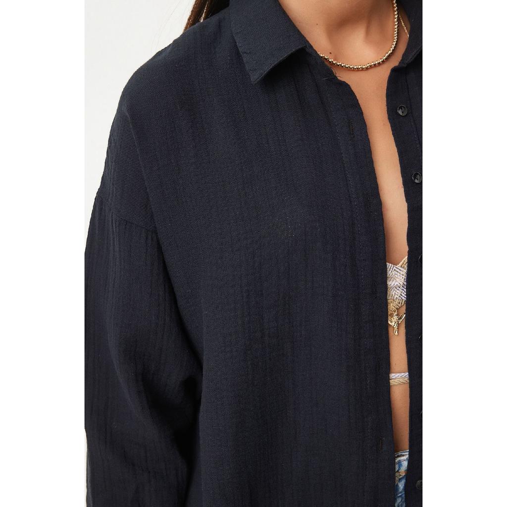 Oversize Basic Muslin Shirt Navy Blue