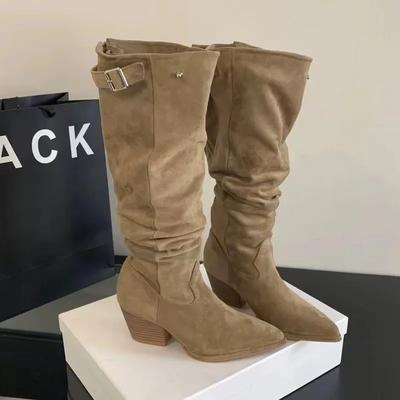 Модные туфли с острым носком для женщин 2024 года, осень, новые свободные и удобные женские рыцарские сапоги, простые и универсальные сапоги на высоком каблуке