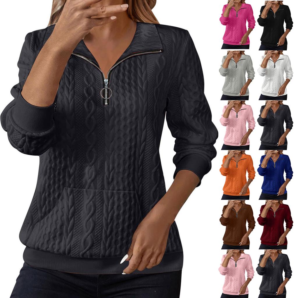 Women's Fashion Long Sleeve Solid Color Casual Collared Zipper Long Sleeve Pocket Sweatshirt