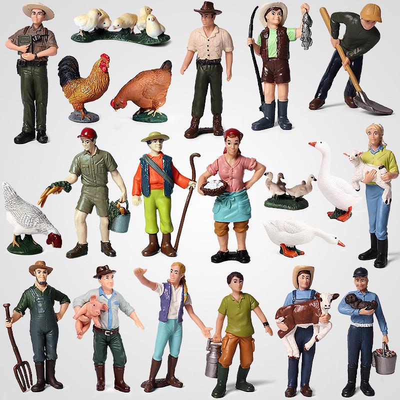Plastic Farm Figures: Farmer, Woman, Ranch Worker, Police